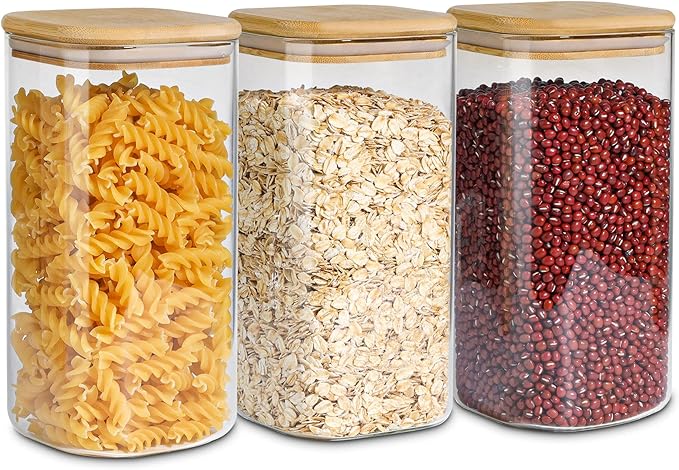 ComSaf Airtight Glass Storage Canister with Wood Lid (1.6 Qt), Clear Food Storage Container Jar with Sealing Lids for Oat Pasta Flour Cereal Rice Sugar Tea Coffee Beans, Set of 3 Square Cookie Jar