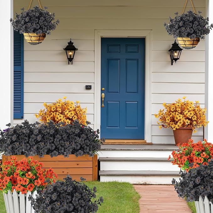 RECUTMS Artificial Black Flowers Realistic Artificial Plants Halloween Fake Flowers No Fade Outdoor Flower UV Resistant Faux Plant Outdoor Faux Shrubs Fake Plants for Halloween Patios Balcony (Black)