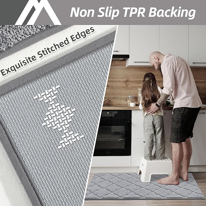 COSY HOMEER Soft Kitchen Rugs [2 PCS] for in Front of Sink Super Absorbent Kitchen Floor Mats and Mats 24x35 Inch/24X60 Non-Skid Kitchen Mat Standing Mat Washable,Polyester,Grey