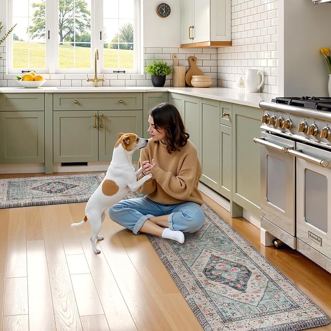 KIMODE Anti Fatigue Kitchen Mats for Floor 2 Piece, Non Slip Cushioned Kitchen Floor Mats, Comfort Memory Foam Standing Desk Mats for Laundry Office Sink Blue 20"x71"+20"x32"