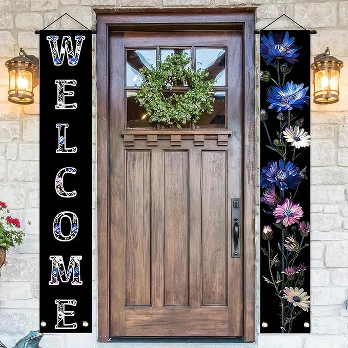 2pcs Welcome Summer Door Banner Colorful Daisy Porch Banners Sign Cornflower Floral Front Door Hanging Decor Banner for Seasonal Home Hawaii Tropical Party Outdoor Decorations