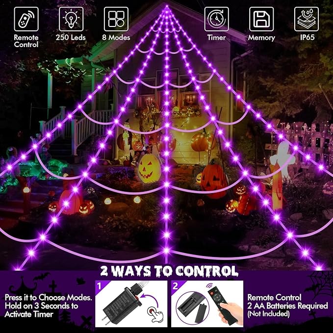 Halloween Decorations Spider Web Outdoor: Halloween Spider Web Lights 250 Purple LED Lights 59" Giant Spiders Scary Halloweens Decorations Outdoor Indoor for Party Garden Yard Home Haunted House Decor