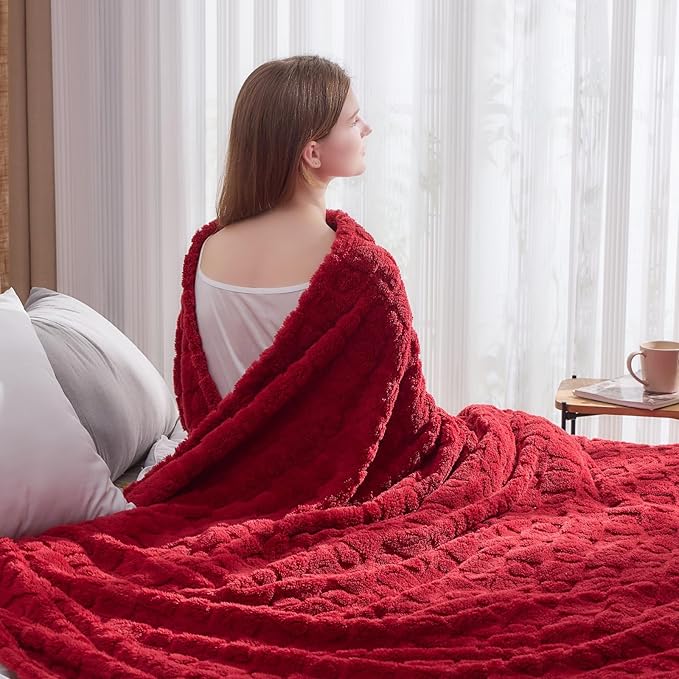 NEWCOSPLAY Super Soft Twin Blanket Red Premium Silky Flannel Fleece 3D Heart Checkered Lightweight Bed Blanket All Season Use (Red Heart, Twin(60"x80"))