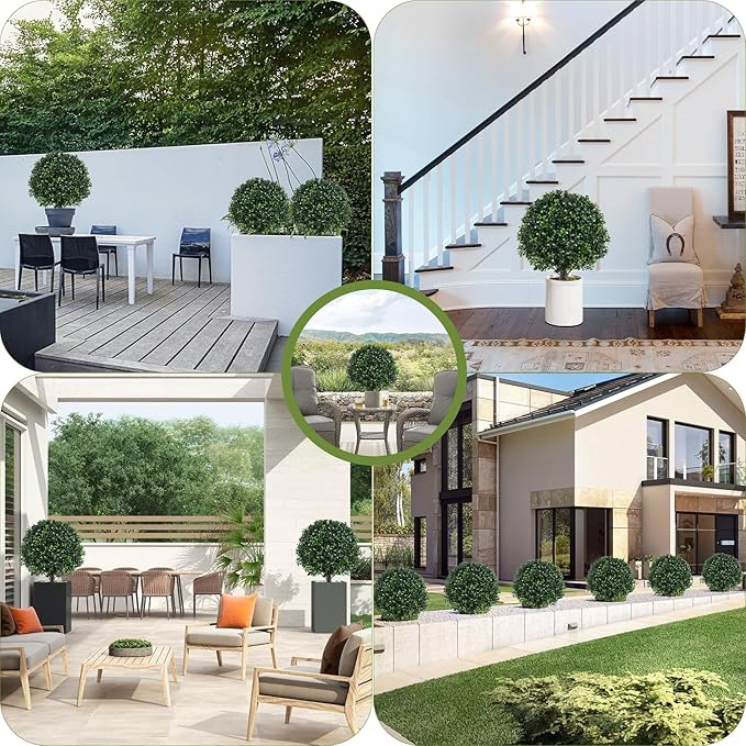 Artificial Boxwood Topiary Ball Bush for Outdoor with Spike, Set of 2 UV Resistant Faux Boxwood Ball Tree with Stake, Weatherproof Fake Round Topiary Shrub Plant for Front Porch Planter