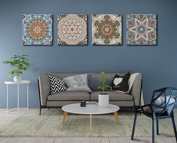 dgbtcart Bathroom Decor Mandala Wall Art, Boho Artwork Floral Pictures Painting Prints for Living Room Decoration - 12”x12”x4 Panel