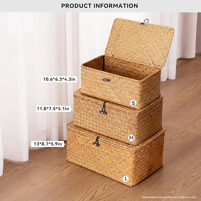 Nonam Handwoven Natural Seagrass Bin with Lid, Set of 3, Shelf Baskets Multipurpose Container for Boho Decoration, Rectangular Household Storage Boxes for Home Organization