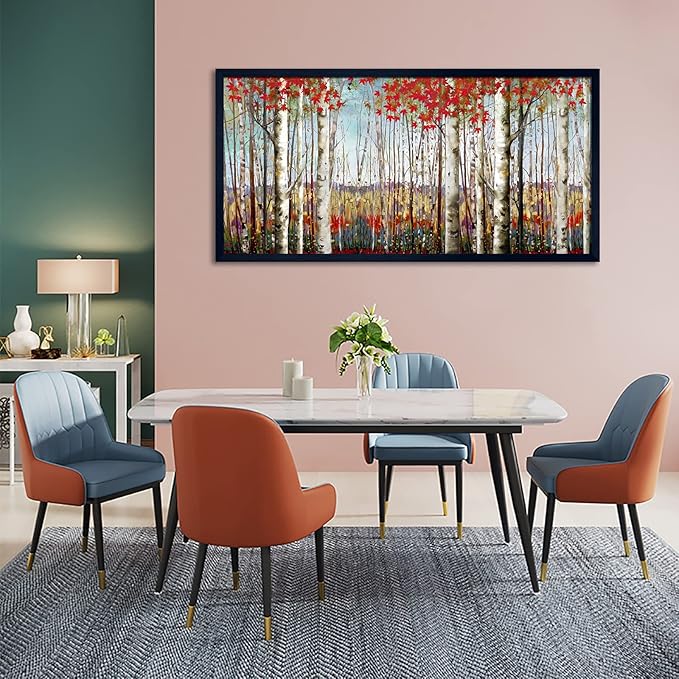 Large Framed Wall Art for Living Room Bedroom Modern Wall Decor of Red Leaves White Birch Tree Forest Giclee Painting Artwork Wall Decoration 29x58 Large Size Black Framed