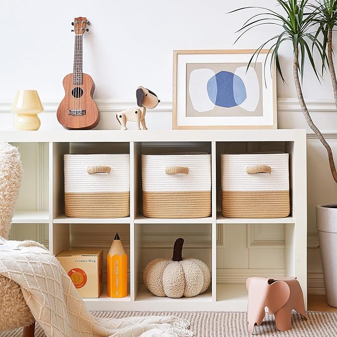 Storage Cube Baskets for Organizing -3 Pack -11 inch Square Baskets for Cube Storage, Closet Storage Bins-Woven Cube Storage Bins for Shelves- Ideal for Toy Storage |White & Khaki