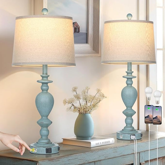 27.5" Coastal Table Lamp for Living Room Set of 2,Retro Blue Bedside Nightstand Lamps with USB C+A Ports & AC Outlet,3-Way Dimmable Touch Control Desk Lamp for Bedroom