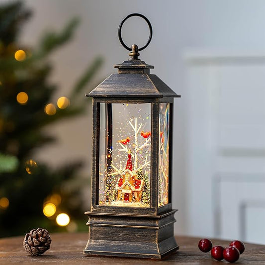 Christmas Snow Globe Lantern Water Glittering Cardinal & Church with Music & Timer, USB Lined/Battery Operated Lighted Lantern for Christmas Festival Decoration Gifts