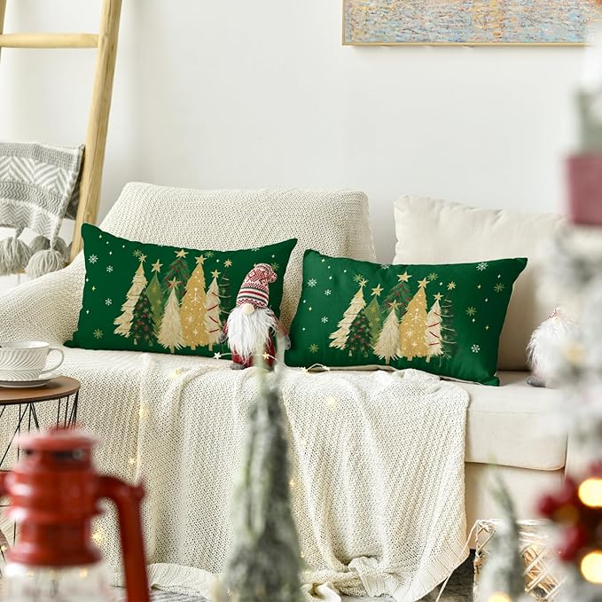 AVOIN colorlife Christmas Trees Star Green Throw Pillow Covers Set of 2, 12 x 20 Inch Snowflake Seasonal Winter Holiday Cushion Case Decoration for Sofa Couch