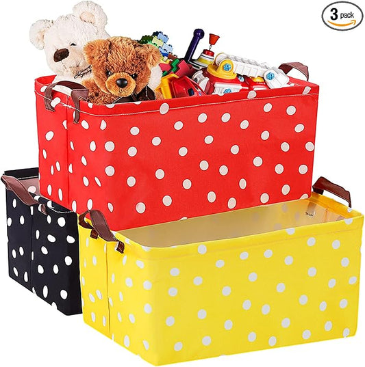 3 Pack Cartoon Mouse Storage Baskets Waterproof Canvas with Leather Handles Storage Bins Basket Organizer Collapsible for Closet Clothes Room School Red Yellow Black Dot Decor