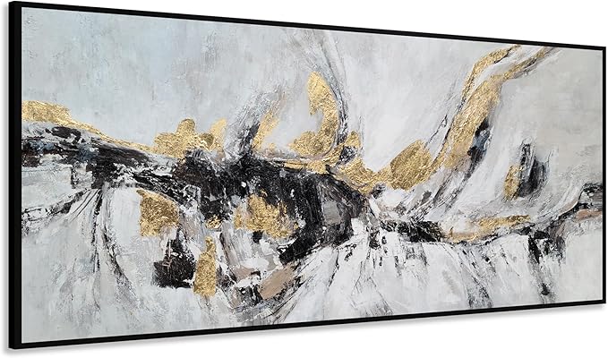 Yihui Arts Black White Gold Canvas Wall Art Hand Painted Abstract Painting Modern Decor