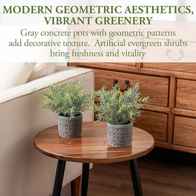 MyGift Set of 2 Artificial Green Plant in Modern Gray Concrete Pots with Geometric Embossed Pattern, Faux Greenery Indoor Houseplants Potted in Decorative Round Planters