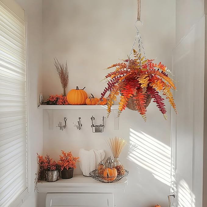 Hollyone Fall Hanging Baskets Small Artificial Fern Orange 21 Leaves Fall Hanging Decor Plant Boston Ferns Silk Plants with Brown Rattan Baskets Outdoors Indoor Fake Fern Autumn Decorations for Home
