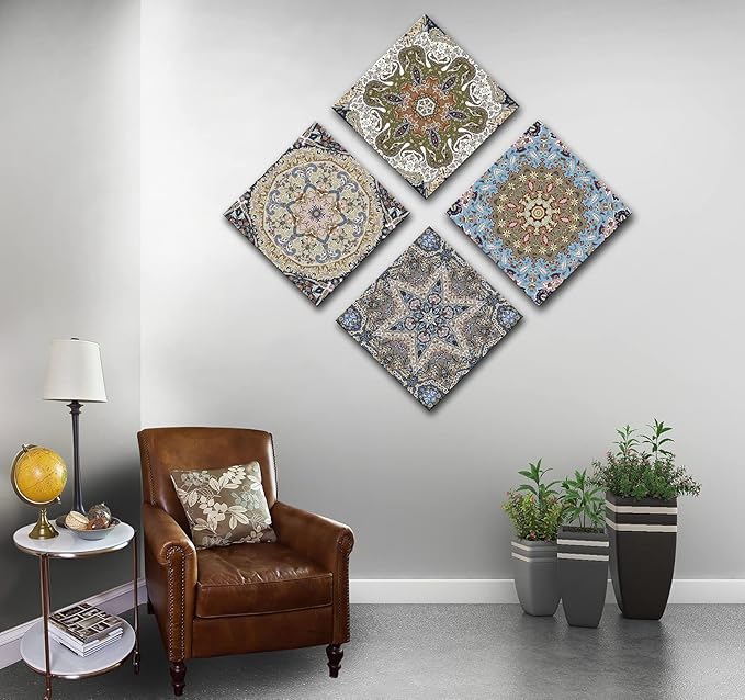 dgbtcart Bathroom Decor Mandala Wall Art, Boho Artwork Floral Pictures Painting Prints for Living Room Decoration - 12”x12”x4 Panel