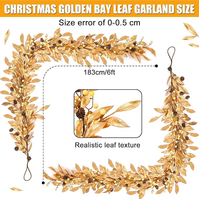 Dingion 6 ft Gold Christmas Leaf Garland with Berry and Pine Cone for Christmas Tree Mantle Gold Bay Leaf Garland Artificial Bayleaf Berry Garland Christmas Gold Leaves Garland for Xmas Holiday Decor