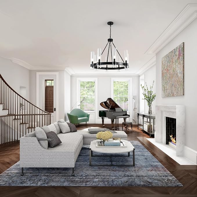 Black Wagon Wheel Chandeliers with Glass Shade, 8-Lights Farmhouse Chandeliers for High Ceiling, 28 Inch Round Black Pendant Light Fixtures for Dining Room, Living Room, Bedroom, Foyer