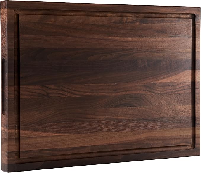American Dark Walnut Wood Cutting Board 17x12 x1in for Kitchen with Juice Groove, Inner Handles, Gift Box, Thick Wooden Cutting Board Finished with Linseed Oil, Beeswax, Carnauba Wax, Lemon Oil