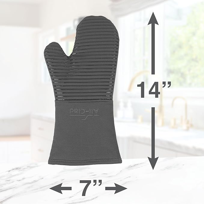 All Clad Silicone Oven Mitt: Heat Resistant up to 500 Degrees - 100% Cotton & Silicone, 14"x7" Oven Mitt for Kitchen and Barbeque, 1-Pack, Pewter