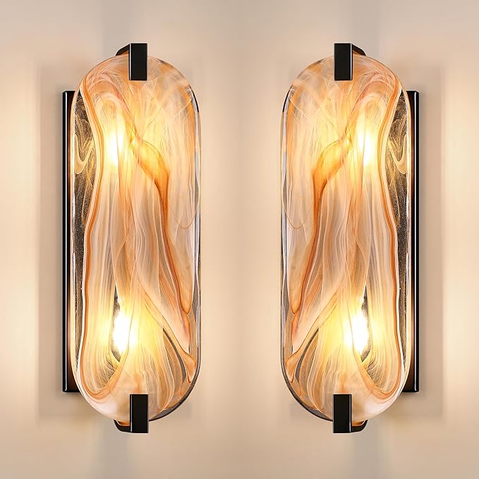 2 Pack 2 Light 15.7" Alabaster Marble Bathroom Wall Sconce Modern Concise Style Wall Light Fixture,Black Finish for Bedroom Hallway Bedside
