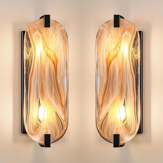 2 Pack 2 Light 15.7" Alabaster Marble Bathroom Wall Sconce Modern Concise Style Wall Light Fixture,Black Finish for Bedroom Hallway Bedside