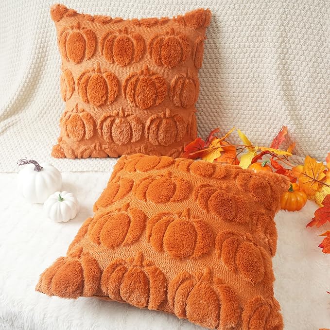 GEEORY Fall Pumpkins Soft Plush Pillow Covers, 20 x 20 Inch Set of 2, Fluffy Faux Fur Wool Decorative Farmhouse Cushion Case for Sofa Home Decoration Orange Pumpkin GC021-20