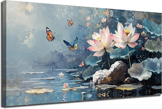 Ardemy Lotus Wall Art for Living Room Butterfly Canvas Art Wall Decor Textured Pictures Artwork Bedroom Kitchen Dining Home Office, Large 40"x20"