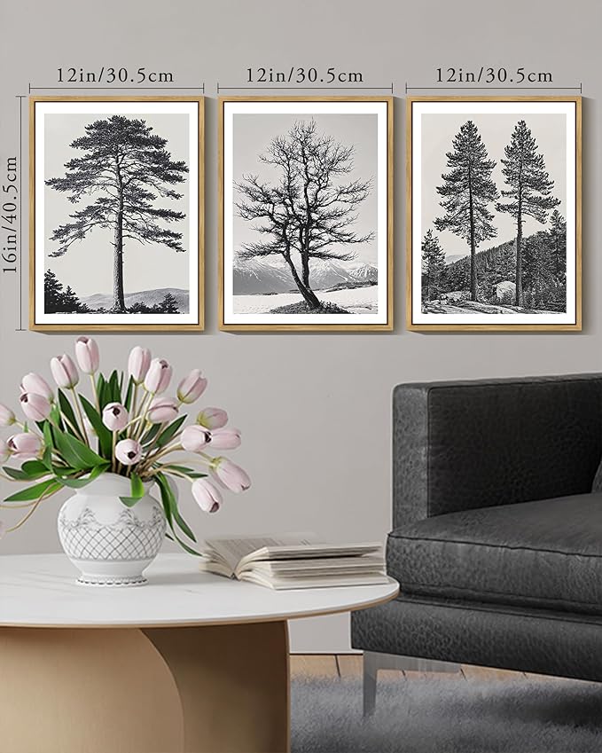KUVIOKE Vintage Black Gray Forest Wall Art Framed Antique Retro Tree Prints Modern Rustic Artwork Bedroom Living Room Ready to Hang 12x16in (Natural Framed)