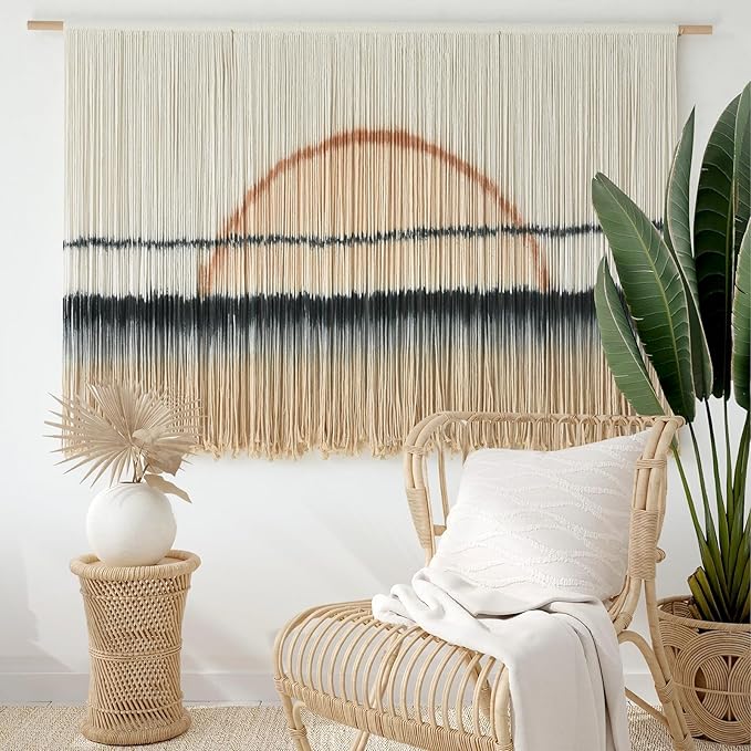 Jakalin Macrame Wall Hanging Large Sunset Dip Dye Boho Tapestry Handmade Woven Cotton Wall Art for Bedroom, Living Room, Above Bed Neutral Modern Minimalist Decor 57" Wx35 L