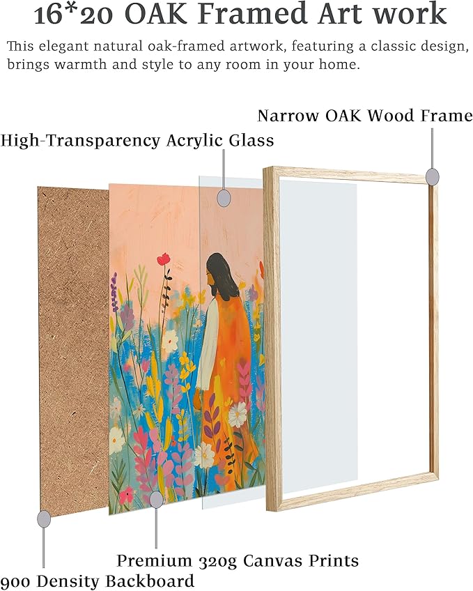 EcoHest Large 16x20in OAK Wood Framed Wall Art, Jesus Portrait with Bible Verse Theme, Christian Canvas, The Wildflowers Style, Modern Wall Decor for Bedroom Living Bathroom Religious Gift 1 Pack