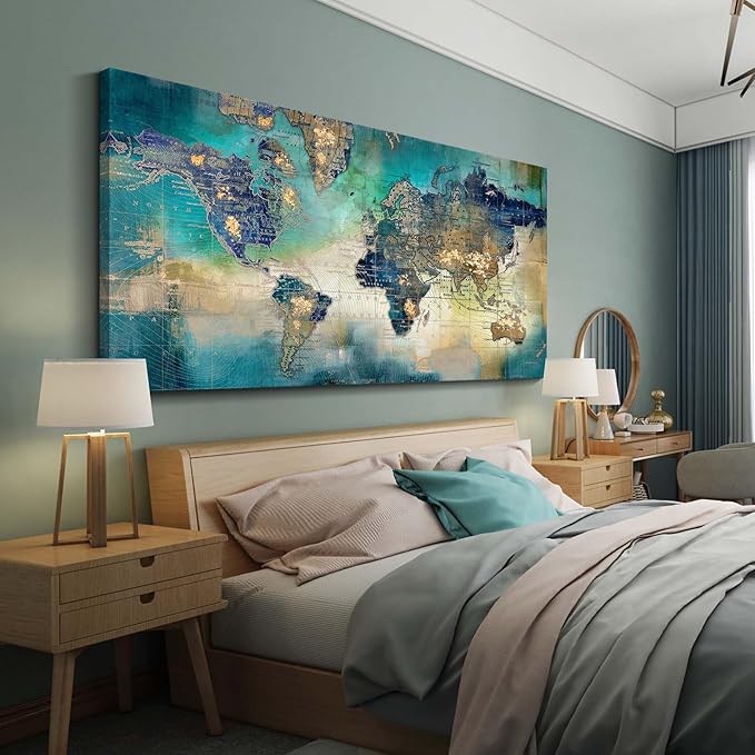 Large World Map Canvas Prints Wall Art for Living Room Office 30x60 Green World Map Picture Artwork Decor for Home Decoration