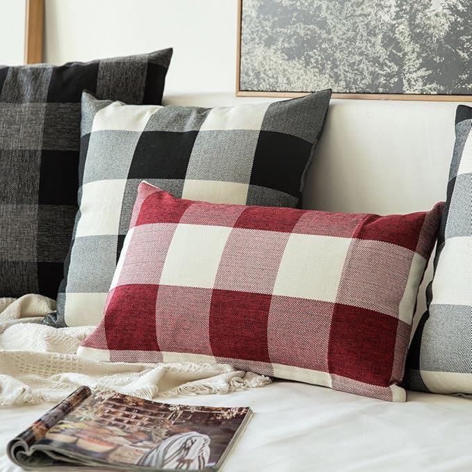 MIULEE Pack of 2 Farmhouse Checkers Buffalo Plaids Polyester Linen Soft Solid White and Red Decorative Throw Pillow Covers Home Decor Cushion Case for Sofa Bedroom 12 x 20 Inch