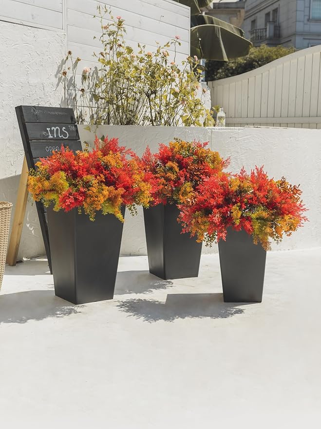 12Pcs Artificial Fall Flowers for Outdoor Decoration UV Resistant Fake Plastic Plants Faux Cedar Seaweed Eucalyptus for Autumn Full Indoor Garden Patio Fireplace Window Box Kitchen Home Decor