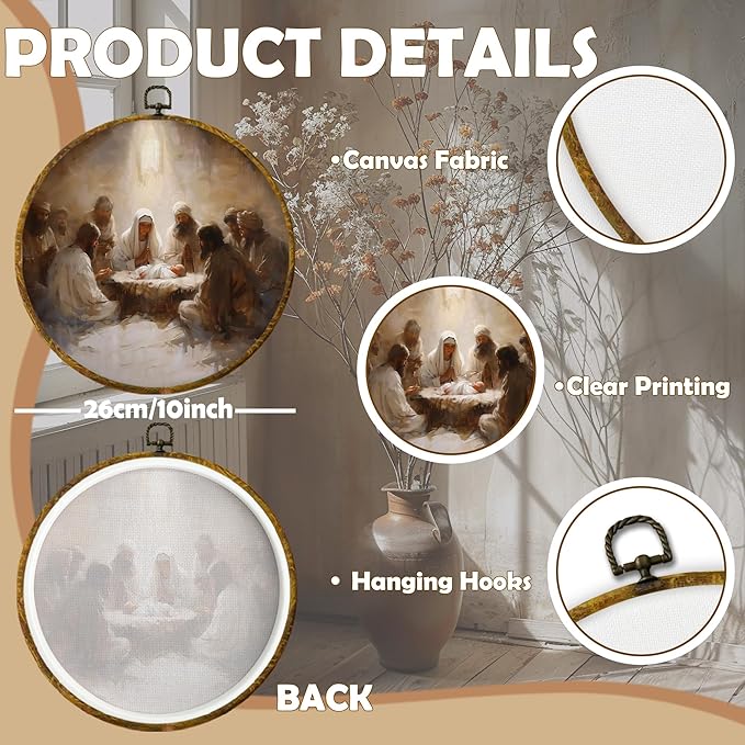 CUANFDDSF Christian Christmas Nativity Round Wall Art Decor, Vintage Jesus Nativity Wall Hanging Frame Decor, Religious Christmas Canvas Prints Decorations for Home Bedroom Church, 10x10 Inch