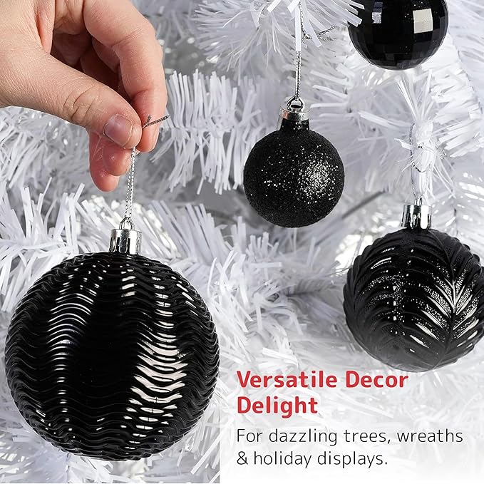 PREXTEX 36-Piece Black Christmas Ornaments - Shatterproof Tree Balls in 6 Styles and 3 Sizes with Hanging Loops to Decorate Black Christmas Tree - Ideal for Indoor and Outdoor Holiday Decor