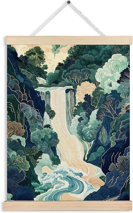 FITIE Green Abstract Japanese Waterfall Forest Scenic Canvas Wall Art Poster, Watercolor Blue Green Nature Landscape Wall Decor Prints for Japanese Home Bedroom Living Room, 12x16 Inches