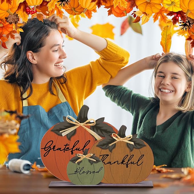 Soaoo Fall Pumpkin Table Decorations Wooden Thankful Blessed Centerpiece Autumn Grateful Tabletop Decor Farmhouse Harvest Pumpkin Block Signs for Party Rustic Table Shelf Decor Home(Classic)