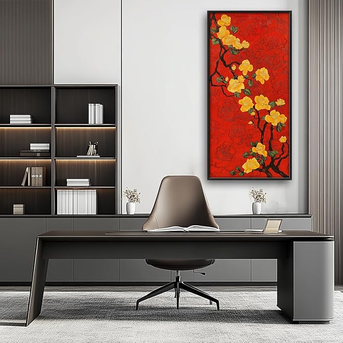 Lovira Yellow Plum Bossom Large Wall Art Traditional Asian Floral Red Canvas Wall Decor Pictures Prints Painting Framed Home Vertical Artwork for Living Room Bedroom Bathroom Kitchen 30"x60"