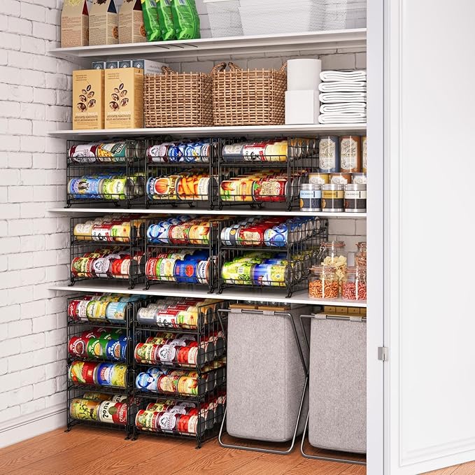 JKsmart 2 Pack 2 Tier Stackable Can Organizer for Pantry, Can Rack Holder for Kitchen Pantry Cabinet, 16inch Depth Can Dispenser for Various Ounces of Canned Food Soda Drinks, Black