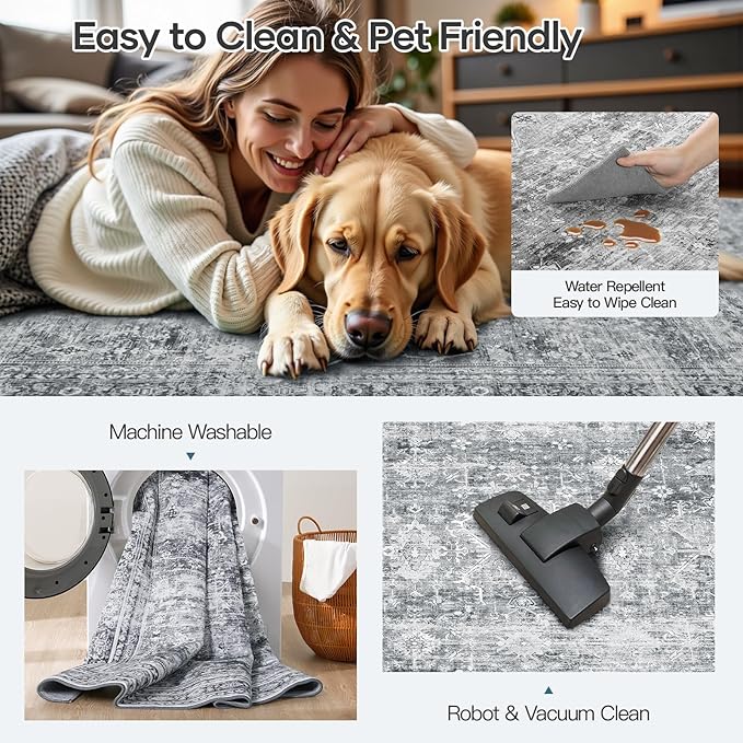 Lofus 5x7 Area Rug for Living Room,Grey Washable Area Rugs with Non-Slip Backing,Soft Neutral Carpets for Bedroom Dining Room Home Office Indoor Nursery