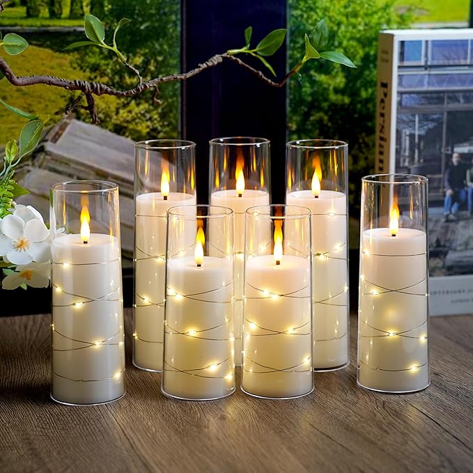 Flameless Candles,with Embedded Star String, Battery Operated Candles Flickering LED Pillar Candles with Remote Control and Timer, Home Decoration Add a Warm and Romantic Atmosphere，Set of 7 (White)