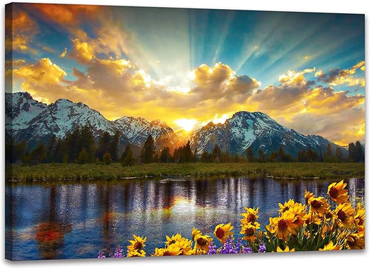 SKASNFAI Grand Teton National Park Wall Art Sunflower Landscape Canvas Mountain Artwork Landscape Print for Living Room Framed (20x30 inch)