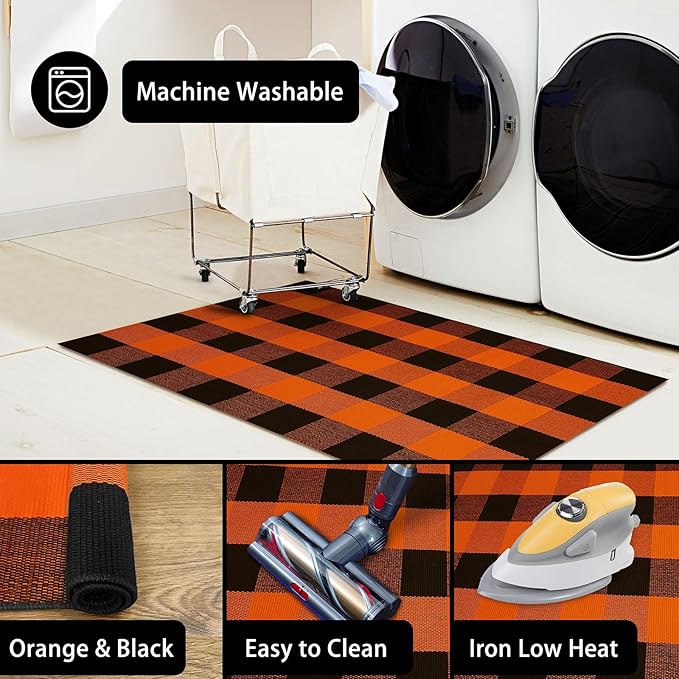 KOZYFLY Buffalo Plaid Rug 27.5x43 Inches Orange and Black Checke Rug Halloween Fall Door Mat Cotton Washable Area Rugs Door Mat Outdoor Entrance for Front Porch Entryway Fall Farmhouse