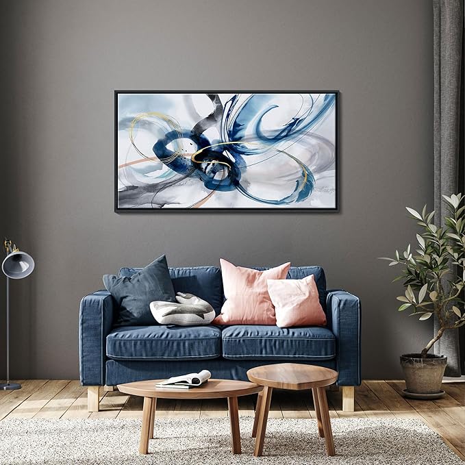 KLAKLA Modern Abstract Canvas Wall Art - Frame Wall Decor Living Room Picture Artwork for Office Bedroom Blue and White Decorative Paintings