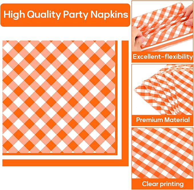Orange Checkered Oval Paper Plates 11inch Orange and White Gingham Paper Plate and Napkin, Dish Tray Fall Plaid Party Decoration Supplies for Birthday BBQ Picnic Baby Shower Tableware, 25 Guest