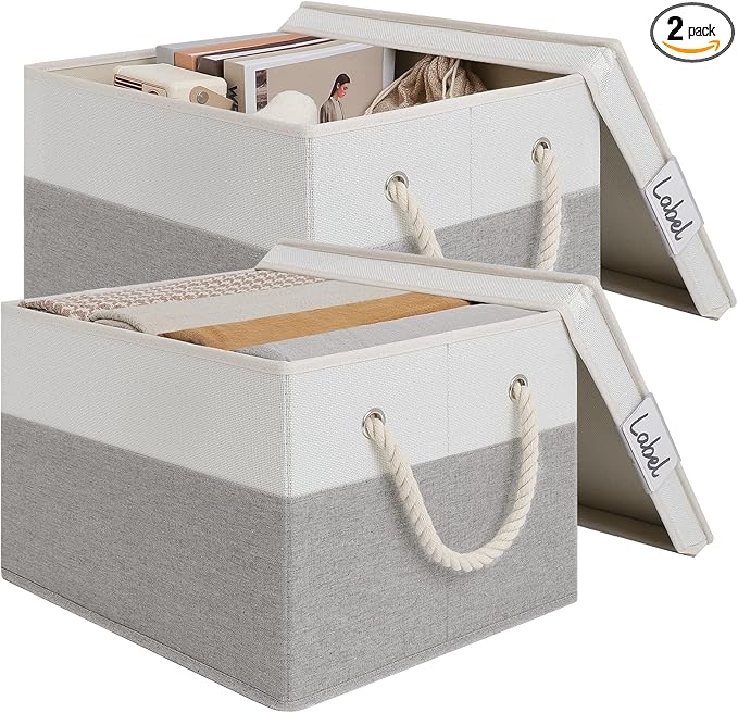 LoforHoney Home Fabric Storage Bins with Lids for Organizing, Foldable Closet Storage Boxes for Shelves, Clothes Baskets with Cotton Rope Handles, XLarge, Beige & Gray, 2-Pack