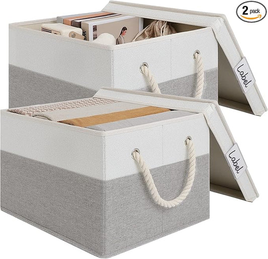 LoforHoney Home Fabric Storage Bins with Lids for Organizing, Foldable Closet Storage Boxes for Shelves, Clothes Baskets with Cotton Rope Handles, XLarge, Beige & Gray, 2-Pack