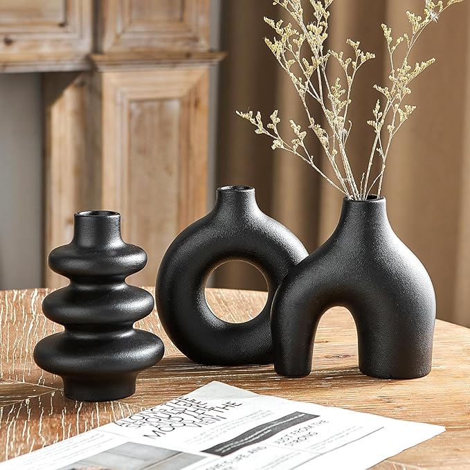 Black Ceramic Vase Set of 3, Modern Boho for Home Decor, Small Flower Vases for Pampas Grass, Round Centerpieces for Wedding, Coffee Table, Shelf, Living Room, Bedroom, Entryway