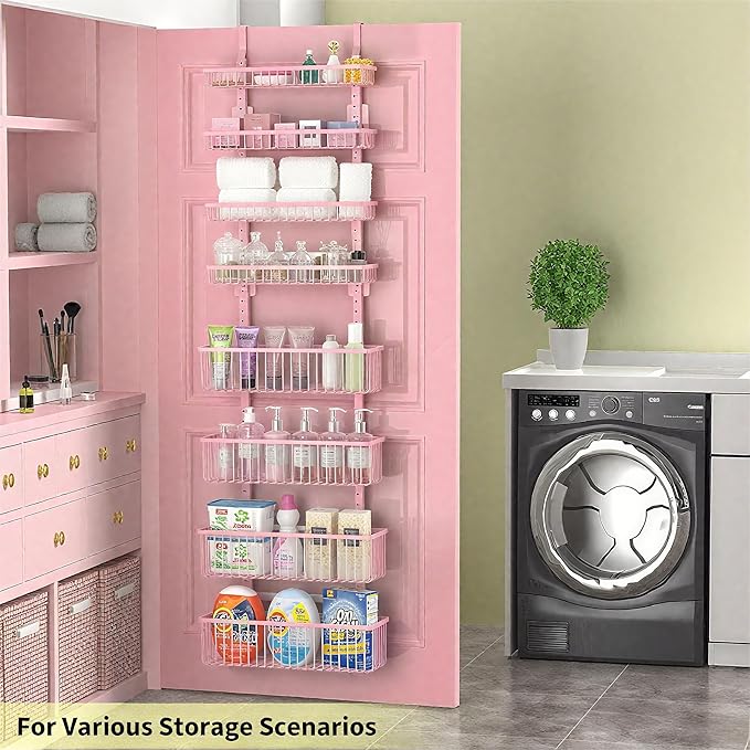 Moforoco Pink Over The Door Pantry Organizer, Pantry Door Organizer Shelves, Kitchen Organizers and Storage, Hanging Basket Wall Spice Rack Seasoning Shelves, Laundry Room Bathroom accessories